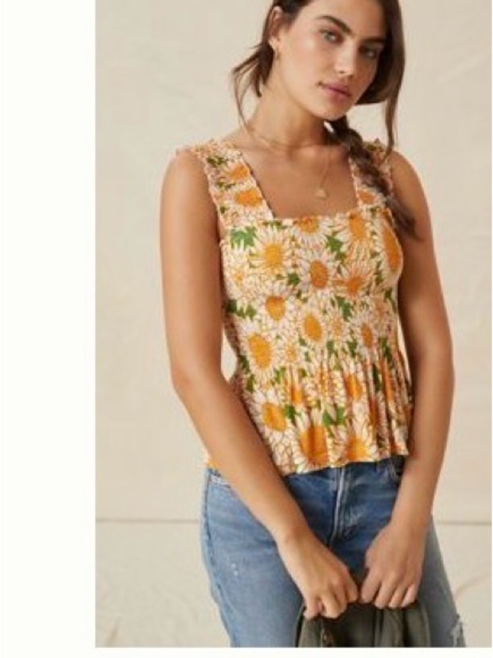 Anthropologie Yellow Orange Floral Square-Neck Peplum Tank